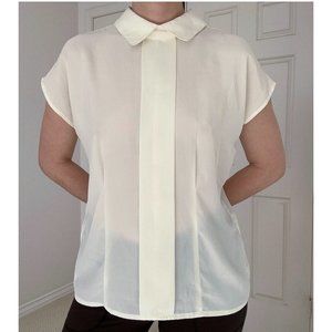 VINTAGE 90s Cream Collared Sleeveless Blouse Top, Pleat Front, Small, Made USA
